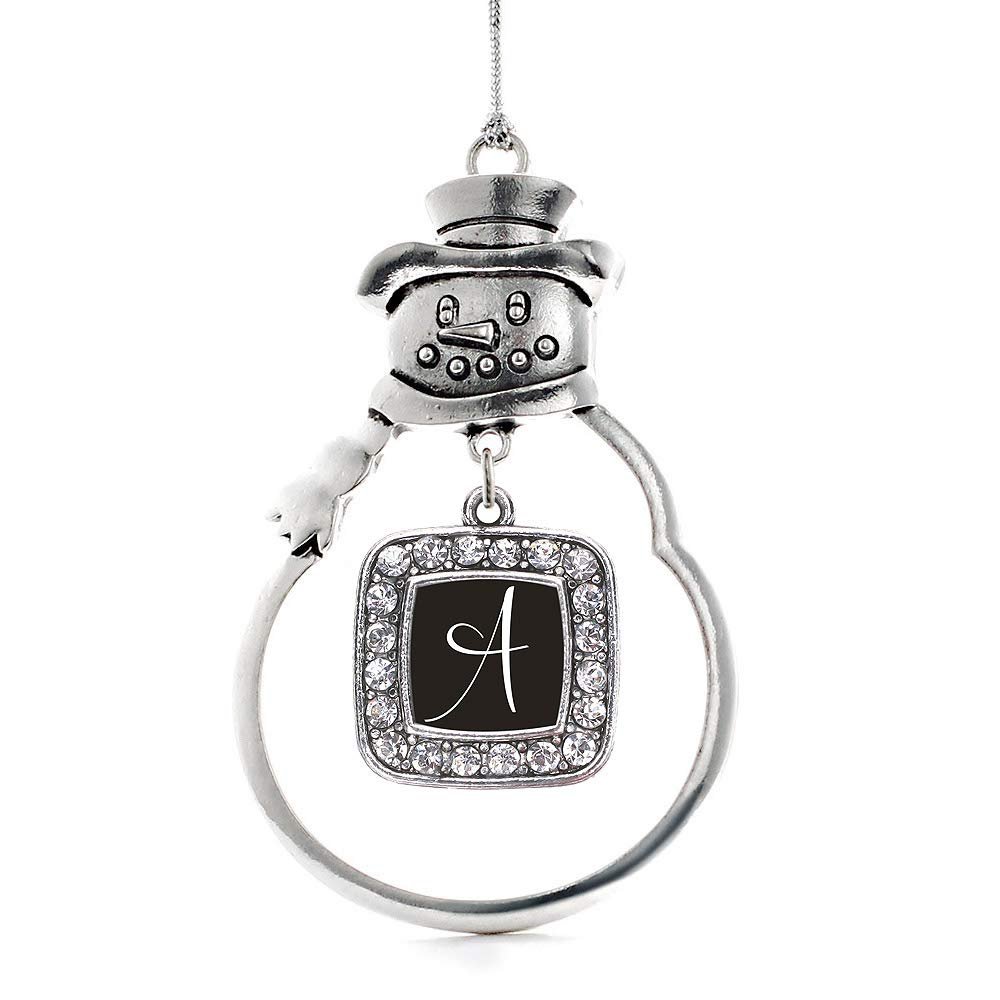 Inspired Silver - My Script Initials - Letter A - Silver Christmas Ornament - Square Charm Christmas Tree Ornament with Cubic Zirconia - Snowman Hanging Decoration