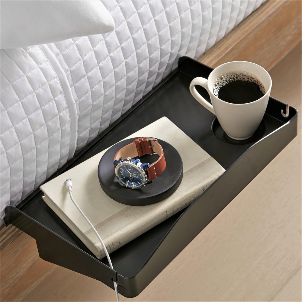 Modern Innovations Bedside Shelf for Bed, College Dorm Room, Bunk Bed Shelf/Caddy for Top Bunk, Clip On Nightstand Tray with Cord and Cup Holder for Table Storage (Black)