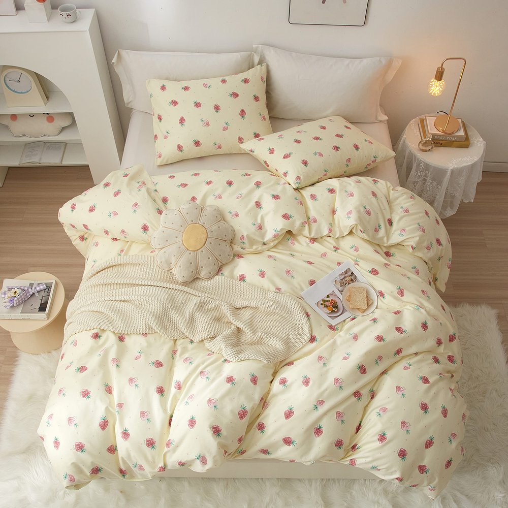 AOJIM Pure Cotton Kids Duvet Cover with Small Strawberries, Soft Bedding Comforter Cover Set 3pcs, 1 Cute Reversible Girls Quilt Cover Twin Size and 2 Pillowcases for Room Deocr, Machine Washable