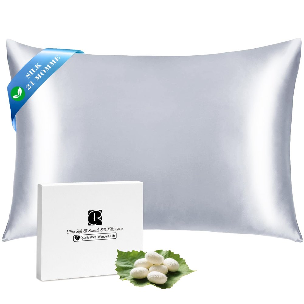 Ravmix Silk Pillow Cases with Zipper, 21momme Mulberry Silk Pillowcase for Hair Skin Health, Soft Smooth Breathable Cool Pillow Cover for Beauty Sleep with Gift Box 1PC(Standard 20"x26", Silver Grey)