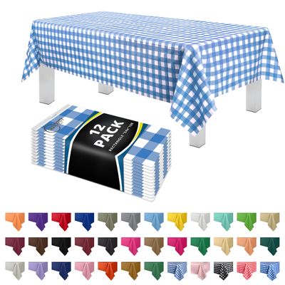 Grandipity 12 Pack Premium Disposable Plastic Picnic Tablecloth 54 Inch. x 108 Inch. Decorative Rectangle Table Cover - Blue Checkered Gingham