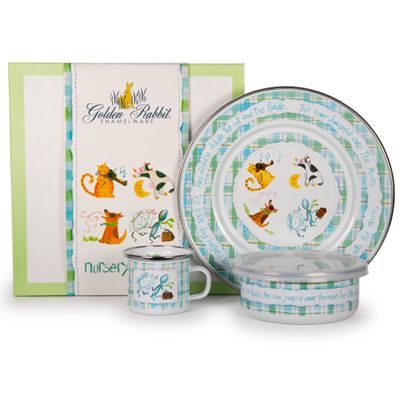 Golden Rabbit Enamelware Child Dinnerware Set: Plate, Mug and Bowl with Lid, Nursery Rhyme