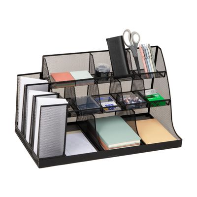 Mind Reader Countertop Organizer, 3-Tier Desktop Storage Rack, Office Breakroom Supply Caddy, Metal Mesh, Black