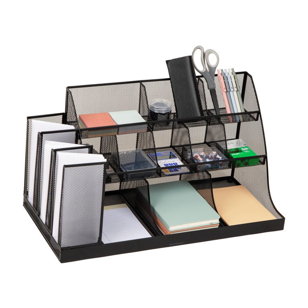 Mind Reader Countertop Organizer, 3-Tier Desktop Storage Rack, Office Breakroom Supply Caddy, Metal Mesh, Black
