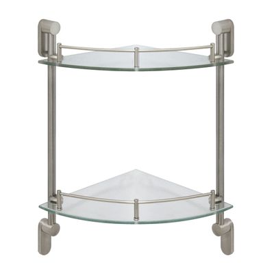 MODONA Double Corner Glass Shelf with Pre-Installed Rail - Satin Nickel - Oval Series - 5 Year Warrantee