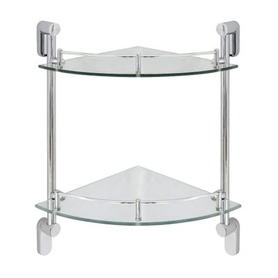 MODONA Double Corner Glass Shelf with Pre-Installed Rail - Polished Chrome - Oval Series - 5 Year Warrantee