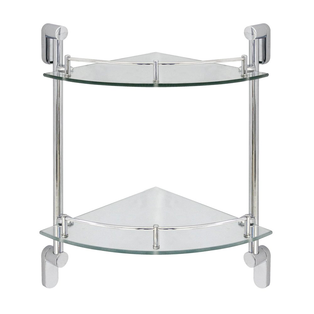 MODONA Double Corner Glass Shelf with Pre-Installed Rail - Polished Chrome - Oval Series - 5 Year Warrantee