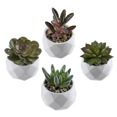 MyGift Miniature Artificial Succulents, Indoor Fake House Plants in Round White Geometric Ceramic Pots, Set of 4