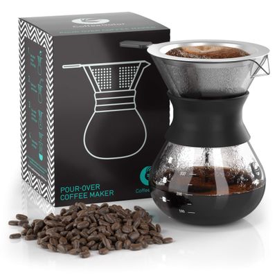 Coffee Gator Pour Over Coffee Maker Portable - 10.5oz High Heat Borosilicate Glass w/Reusable Stainless Steel Filter, Drip Coffee Brewer Pourover Dripper Set Carafe, 300ml Black