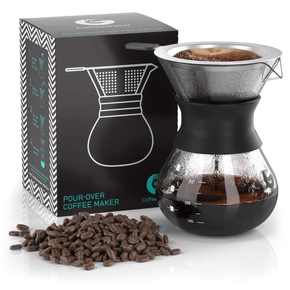 Coffee Gator Pour Over Coffee Maker Portable - 10.5oz High Heat Borosilicate Glass w/Reusable Stainless Steel Filter, Drip Coffee Brewer Pourover Dripper Set Carafe, 300ml Black