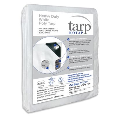 Kotap 6 x 8 Ft. Heavy-Duty Protection/Coverage Tarp, Superior Weave for Greater Longevity 8-mil, Multi-Use, Waterproof, White, 1-Pack (TRW-0608)