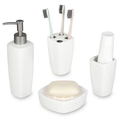 MyGift 4 Piece Ceramic White Bathroom Accessory Set with Soap Dispenser Pump, Toothbrush Holder, Tumbler and Soap Dish