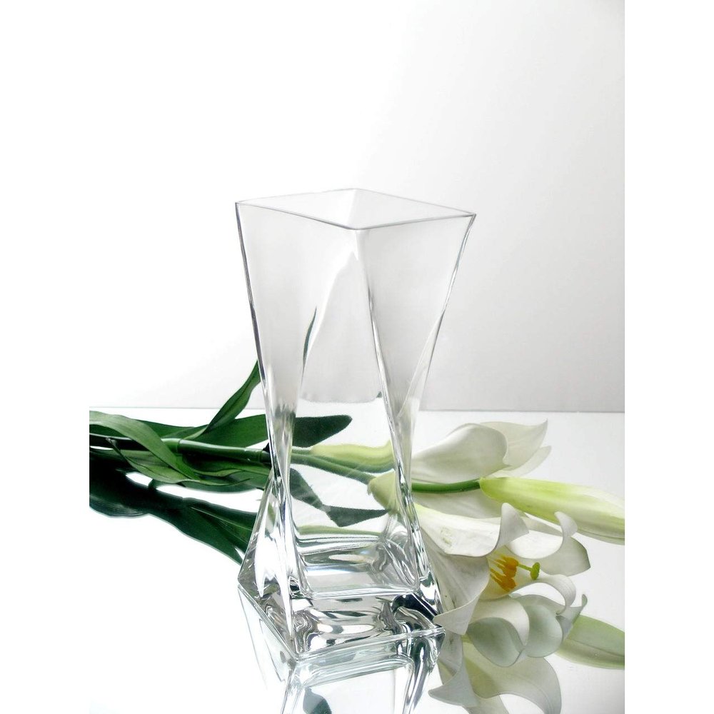 WGV Twist Bouquet Vase, 4" W, 10" H, Clear Square Block Gathering Hurricane Glass Floral Container, Centerpiece, Home Wedding Event Decor, 1 Piece (VUT0410)