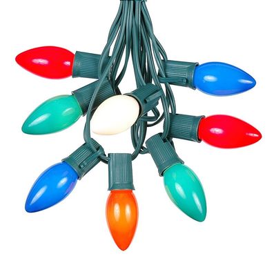 25 Foot C9 Multi Ceramic Christmas String Light Set - Opaque Bulbs - Roofline Light String - Green Wire