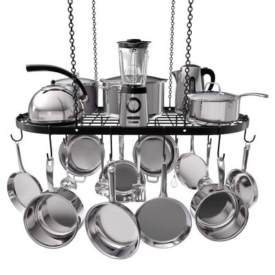 Vdomus Heavy-Duty Hanging Pot Rack - 33x17 Inches - Stylish Black Alloy Steel Ceiling Storage with 15 Hooks - Organize Kitchen Cookware and Utensils - Space-Saving Mounted Overhead Holder
