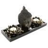 MyGift Black Buddha Head Sculpture Zen Garden Set with Lotus Tealight Candle Holders and Wooden Display Tray, Decorative Tabletop Home Accent view 1