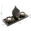 MyGift Black Buddha Head Sculpture Zen Garden Set with Lotus Tealight Candle Holders and Wooden Display Tray, Decorative Tabletop Home Accent view 3