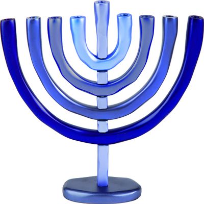 World Of Judaica Yair Emanuel Blue Aluminum Hanukkah Menorah with Temple Design
