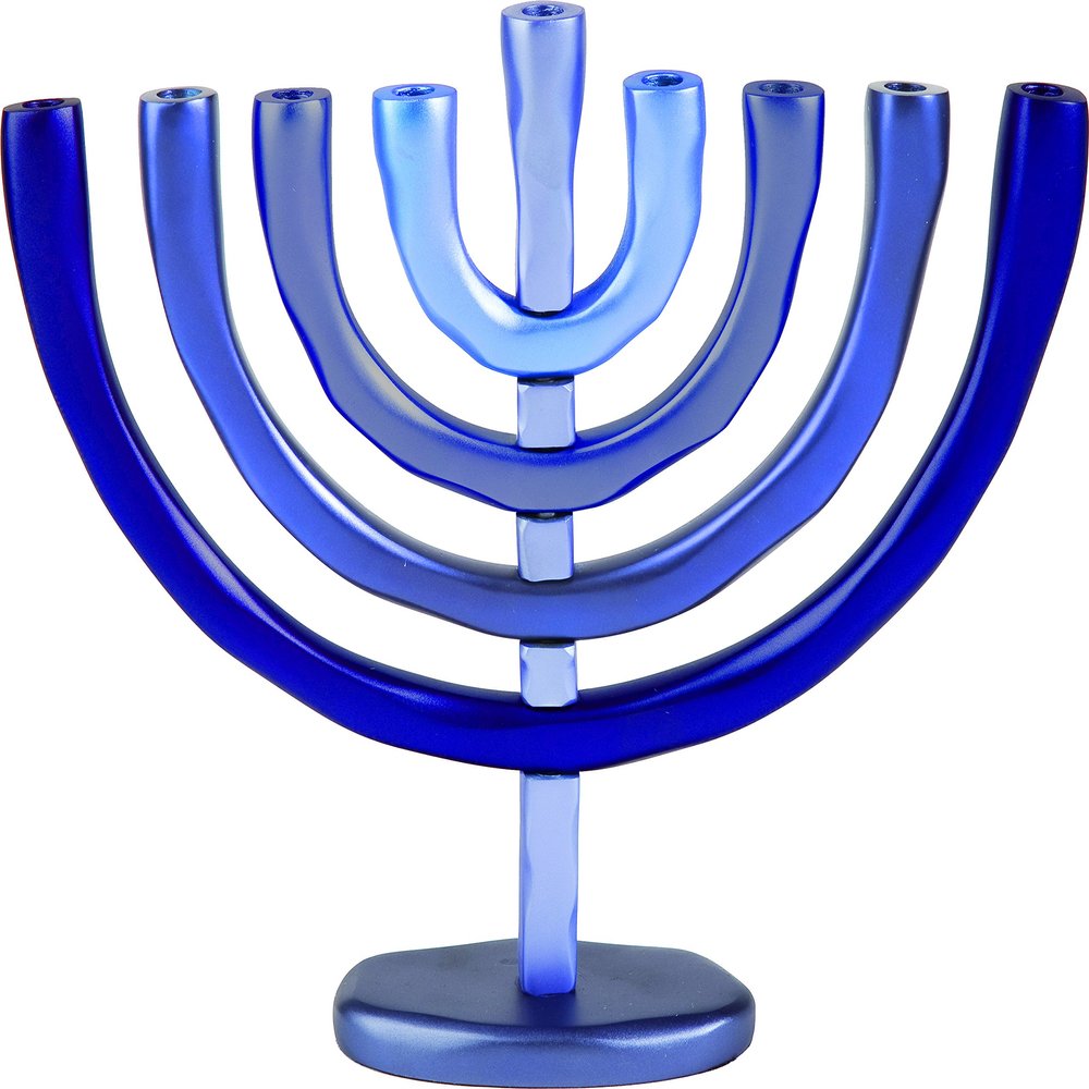 World Of Judaica Yair Emanuel Blue Aluminum Hanukkah Menorah with Temple Design