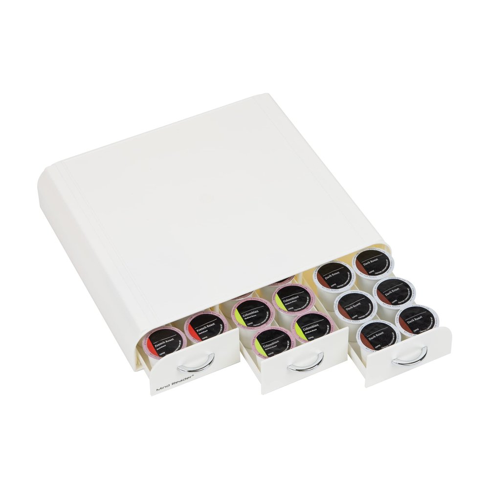 Mind Reader Single Serve Coffee Pod Organizer with 3 Drawers, 36 Pod Capacity, Countertop , 12.25"L x 13.5"W x 2.5"H, White