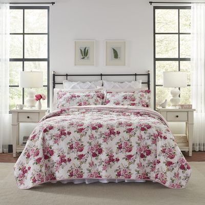 Laura Ashley - Twin Quilt Set, Reversible Cotton Bedding with Matching Sham, Lightweight Home Decor for All Seasons (Lidia Pink, Twin)
