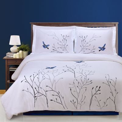 Superior 100% Cotton Percale Embroidered 3-Piece Duvet Cover Set, Full/Queen, Blue Swallow