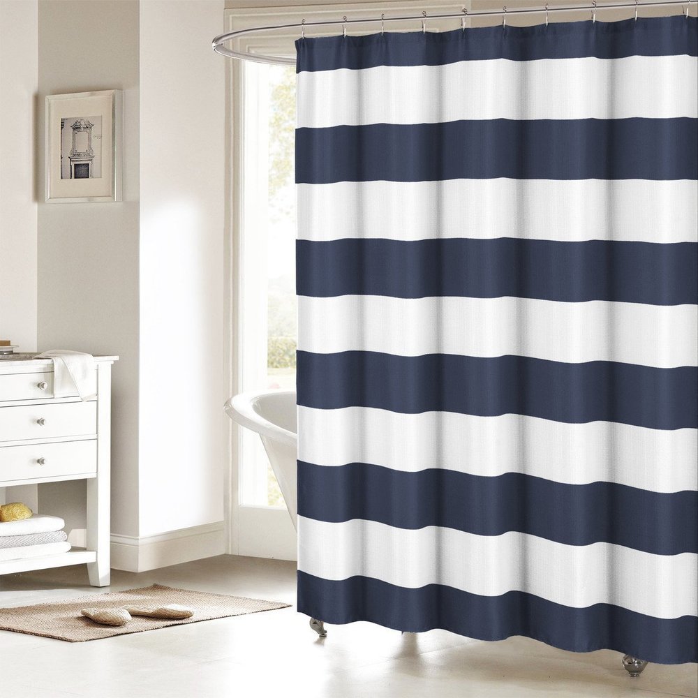 ALAGEO Nautical Stripe Design Fabric Shower Curtain for Bathroom - Navy and White 36" x 72" Shower Curtain for Shower Stall Classic Simple Modern Bathroom Curtain