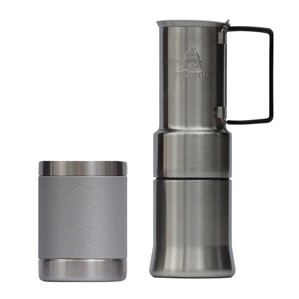 nCamp - Caf, Portable Coffee Maker, Portable Espresso Machine, Compact Camping Coffee Maker, Stainless Steel Travel Coffee Maker with Camping Coffee Cup, Reusable, 12 oz