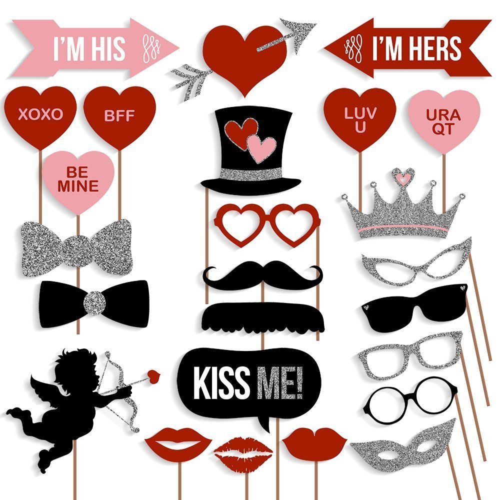 [USA-SALES] Valentines Day Photo Booth Props Wedding Photo Props, ATTACHED, NO DIY REQUIRED, Party Decorations Photo Booth Mustaches Lips Hearts Ready 2B Used