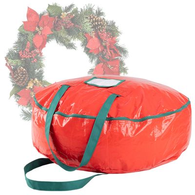 Wreath Storage Bag - 24-inch Organizer for Artificial Christmas Wreaths and Garland - Holiday Themed Tote with Green Handles by Tiny Tim Totes (Red)