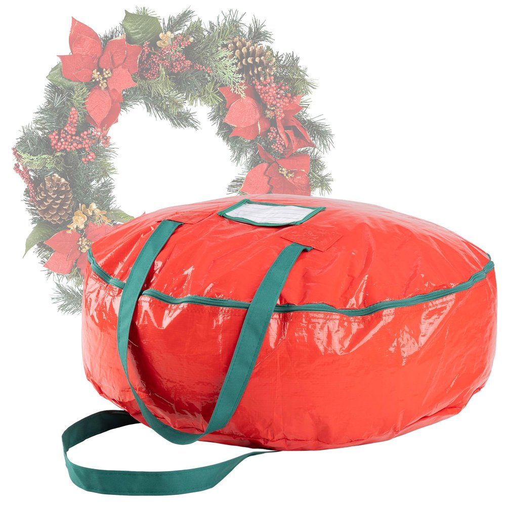 Wreath Storage Bag - 24-inch Organizer for Artificial Christmas Wreaths and Garland - Holiday Themed Tote with Green Handles by Tiny Tim Totes (Red)