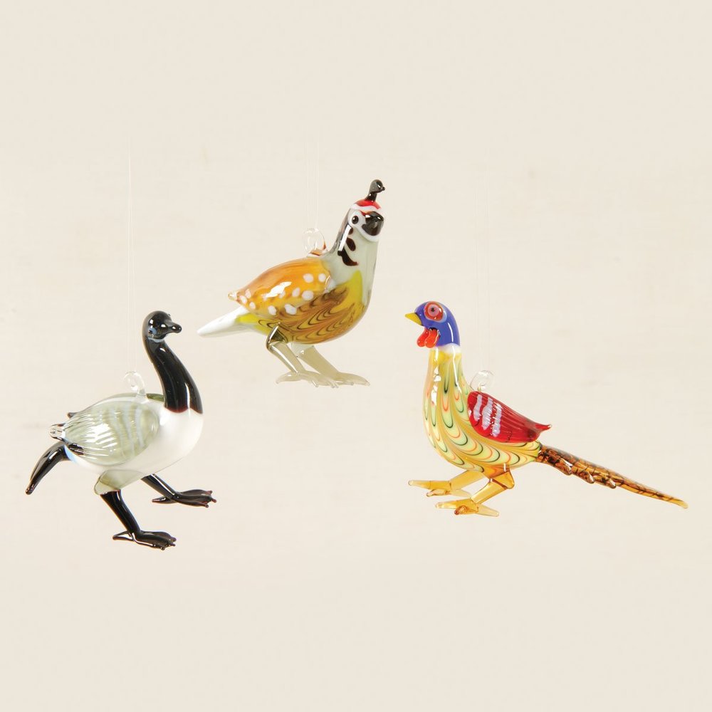Gallerie II Art Glass Fowl Christmas Xmas Ornament Assortment of 3 A/3 Tan