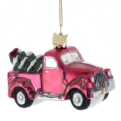 Noble Gems Red Truck with Christmas Tree and Lights Glass Ornament NB0200 New