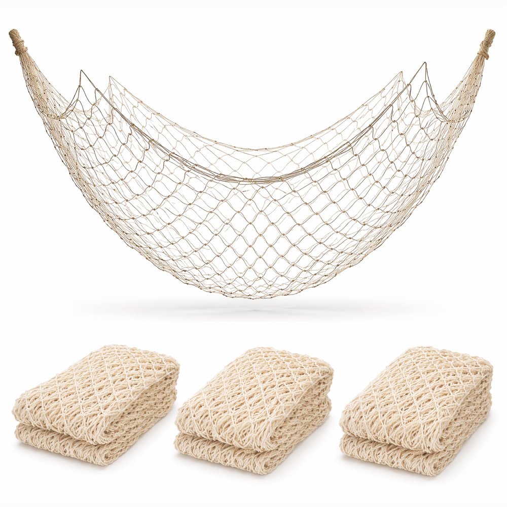4E's Novelty Fish Net Decorative - Pack of 3 - Natural Cotton Fishnet Decor - Each 14 x 4 feet - for Mermaid Party Decorations, Luau Tropical Nautical Beach Table Cover