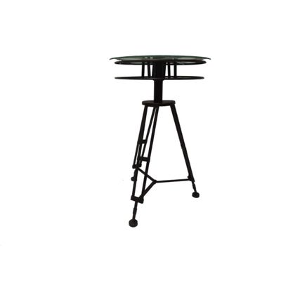 Deco 79 Metal Side End Accent Table Film Reel End Table with Tripod Legs and Glass Top, Side Table 15" x 15" x 25", Black