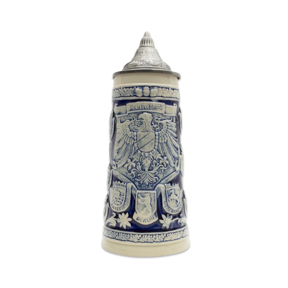 1.1 Liter | OktoberfestHaus Tankard Beer Stein Cobalt Blue Collectible Bier Krug With Lid German Adler (Eagle) Midieval Coat Of Arms Jarras de Cerveza and Jarra Stein