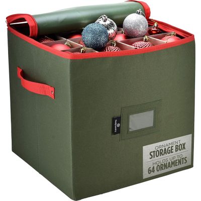 Handy Laundry, Christmas Ornament Storage, Stores up to 64 Holiday Ornament, Adjustable Dividers, Zippered Top, Two Handles Attractive Storage Box Keeps Decorations Clean & Dry for Next Season, Green