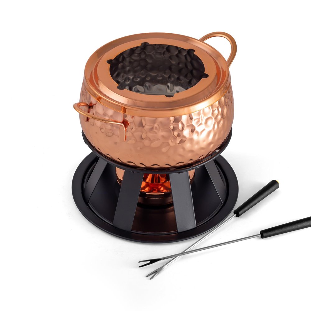 Swissmar Biel 11-Piece Copper-Plated Fondue Set Hammered Finish Ideal for Oil & Broth Cooking Perfect for Entertaining, Kitchen Collections & Wedding Gifts 2 Liter / 2.1 Quarts