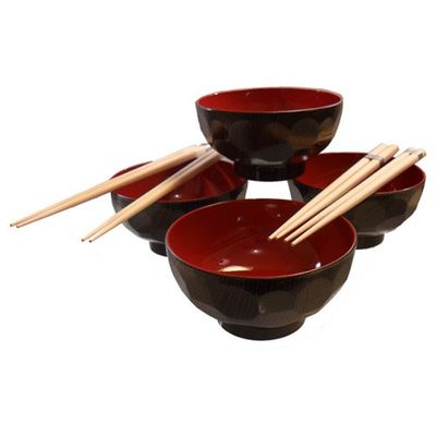 4 Set of Traditional Japanese Black & Red Rice Bowl Set with Chopstick
