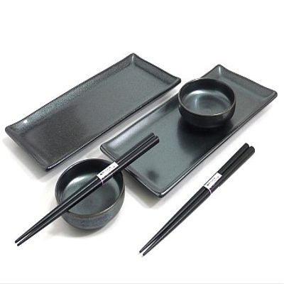 Sushi Set Made In Japan - MySushiSet Black Crystal Ceramic Sushi Plate Set for Two