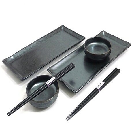 Sushi Set Made In Japan - MySushiSet Black Crystal Ceramic Sushi Plate Set for Two