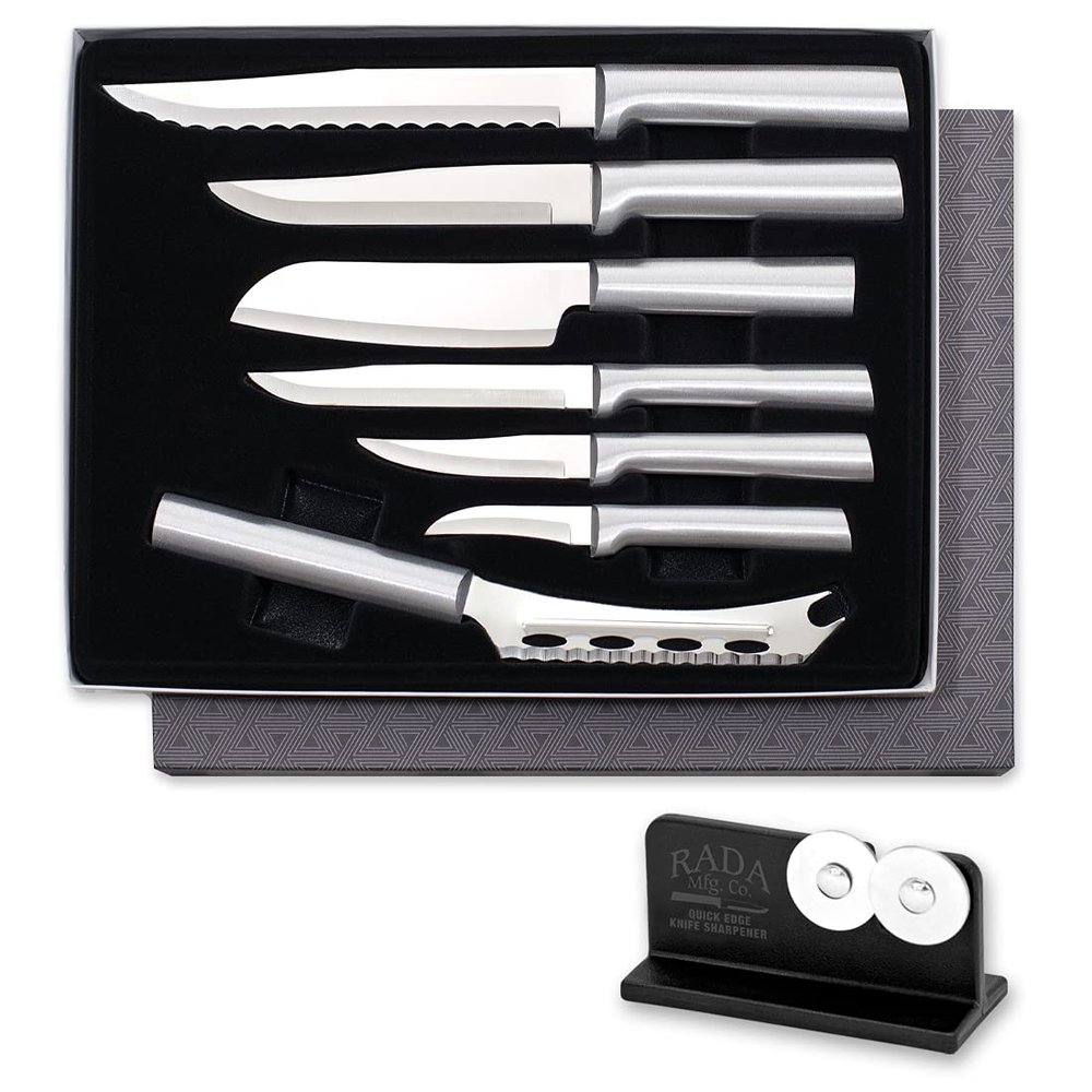 RADA Cutlery The Starter Gift Part 2 Gift Set (S48), 7-Piece Knife Set with Quick Edge Sharpener (R119), Stainless Steel Blades, Made in USA, Silver Handles