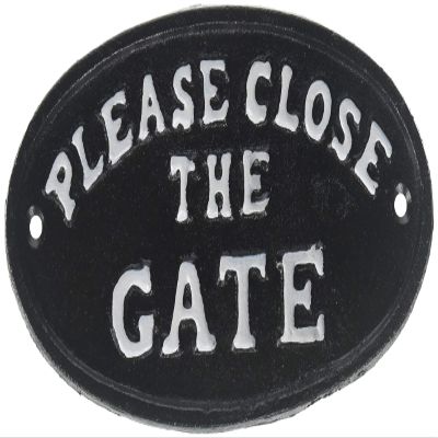 American Chateau 7" Dark Brown Metal Cast Iron Oval Please Close The Gate Sign Plaque