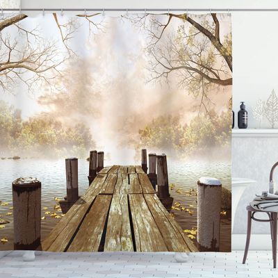 Ambesonne Fall Wooden Foggy Scene Lake River Print Polyester Fabric Shower Curtain - Extra Long, Beige Brown Taupe 69" W By 75" L