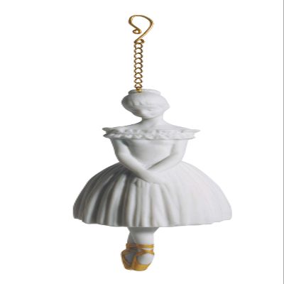 LLADR Ballerina Figure with Chain for Hanging. Christmas Ornament in Matte White Porcelain. Ballet Dancer Hanging Ornament Decorated with Golden Luster.