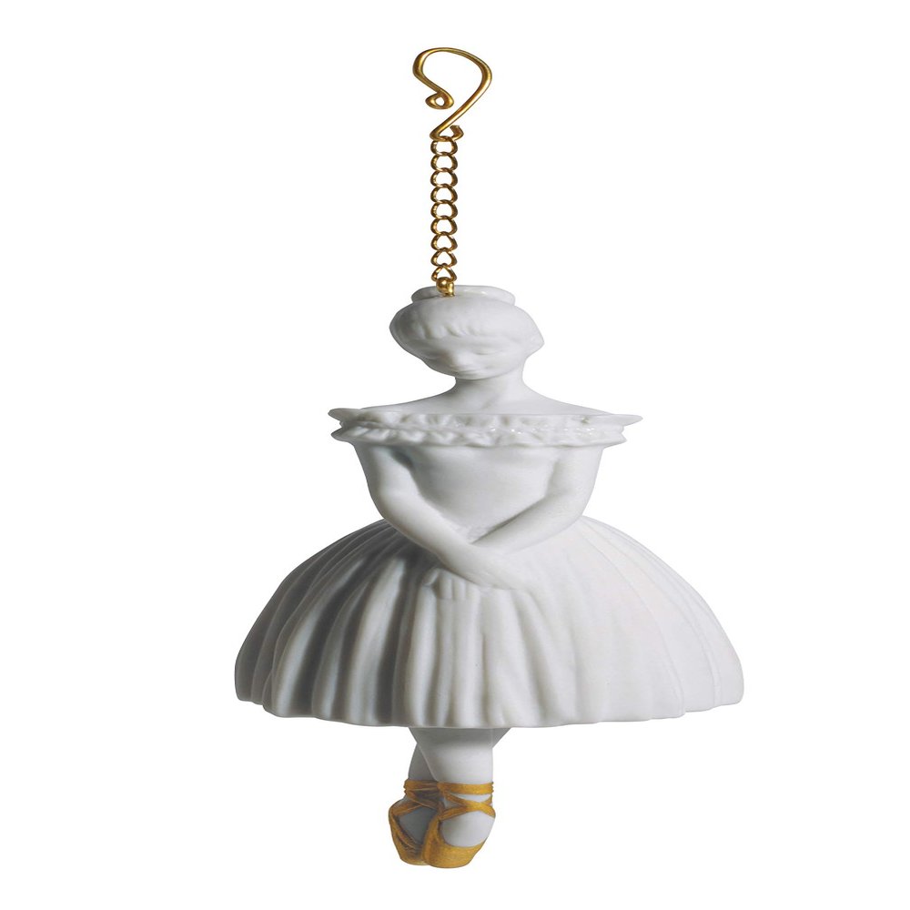 LLADR Ballerina Figure with Chain for Hanging. Christmas Ornament in Matte White Porcelain. Ballet Dancer Hanging Ornament Decorated with Golden Luster.