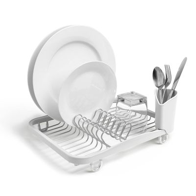 Umbra Sinkin Dish Drying Rack Drainer Caddy with Removable Cutlery Holder Use in Sink or On Counter, Standard, White/Nickel