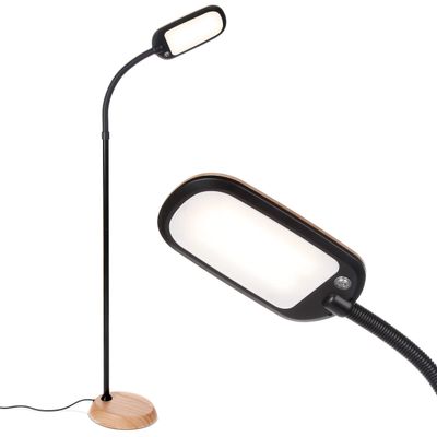 Brightech Litespan Slim LED Floor Lamp - Modern Reading Light Over Chair for Living Rooms & Offices, Tall With Adjustable Gooseneck, Crafts Work Light, Dimmable Standing for Bedroom - Wood