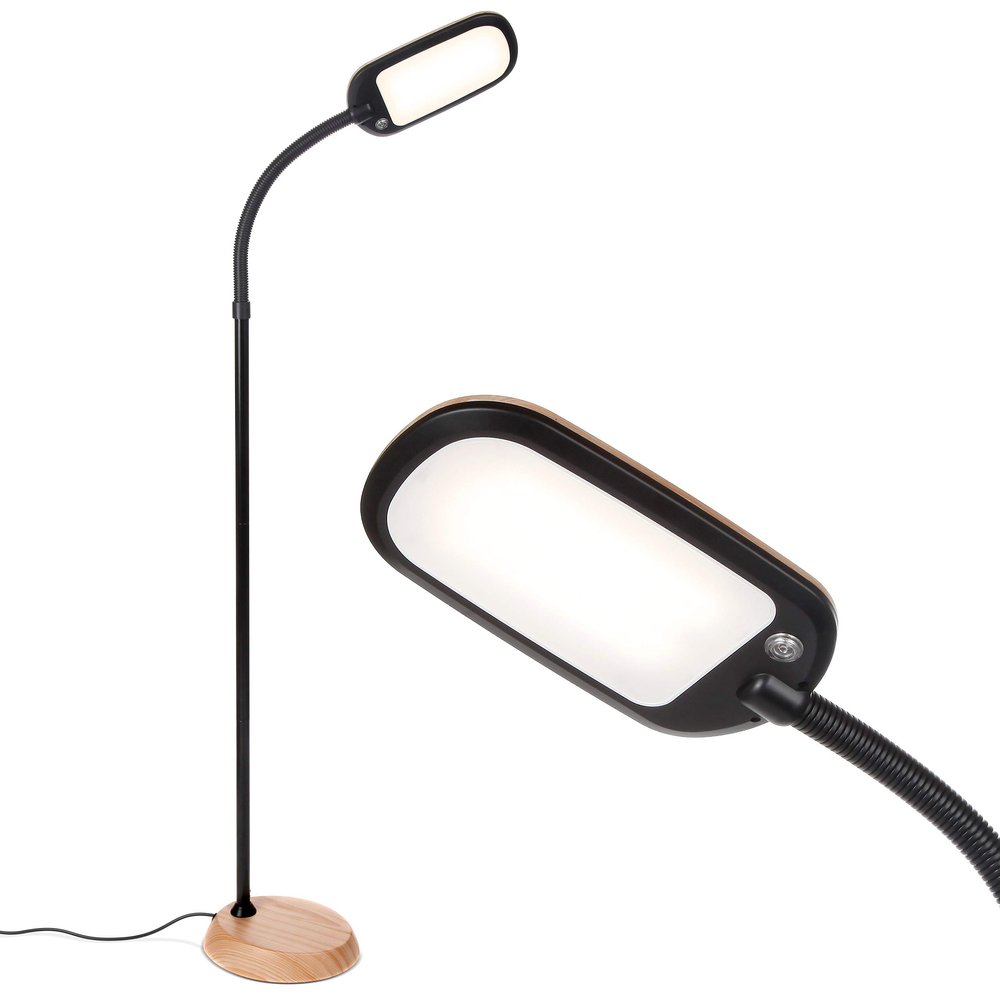 Brightech Litespan Slim LED Floor Lamp - Modern Reading Light Over Chair for Living Rooms & Offices, Tall With Adjustable Gooseneck, Crafts Work Light, Dimmable Standing for Bedroom - Wood
