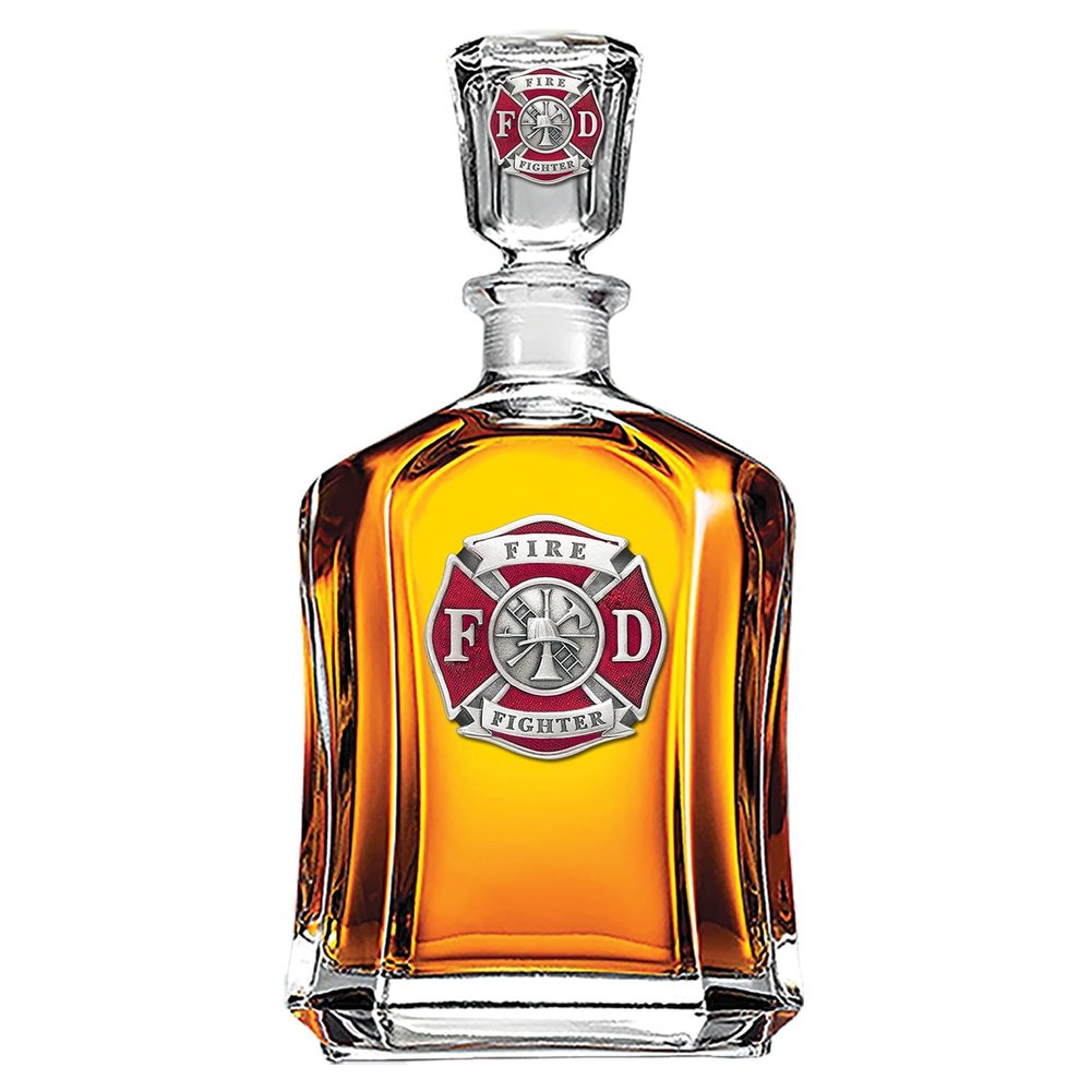 Heritage Pewter Firefighter Decanter | 24 OZ Whiskey Decanter for Liquor with Airtight Stopper | Expertly Crafted Pewter Glass Clear
